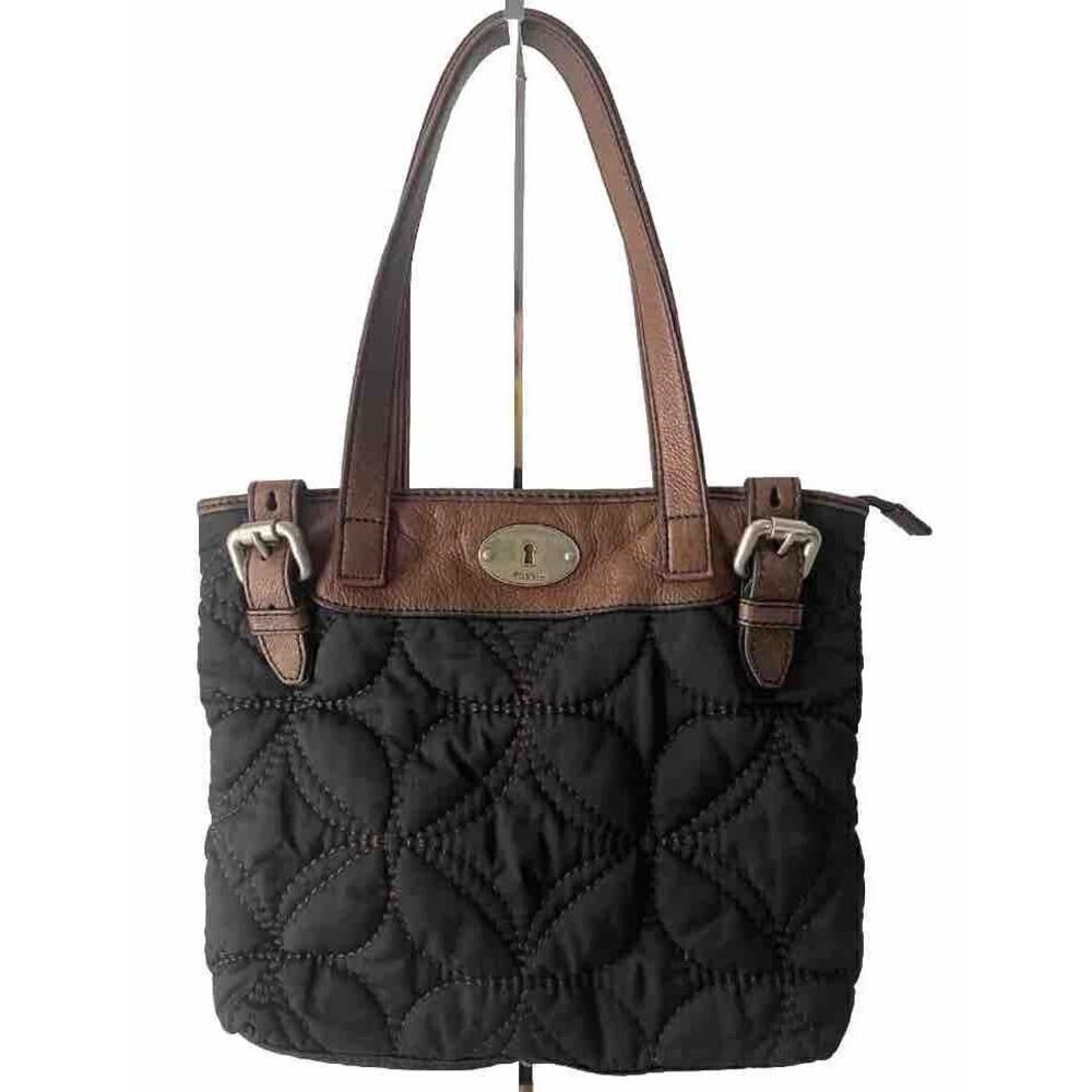 Fossil Black Quilted Shoulder Bag Floral Key Per